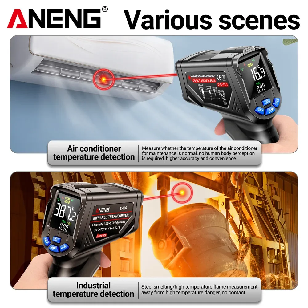 Imagem -06 - Aneng Th06 Temperatura Infravermelho Gun va Tela Reversa Termômetro 0.11.00 Ajustável Industrial Detector Sensor Ferramenta Instrumento