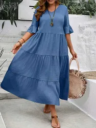 Summer Dresses for Plus Size Women Solid Color Bohemian Dress Maxi Elegant Fashion Fit and Flare Dresses Wholesale Dropshipping