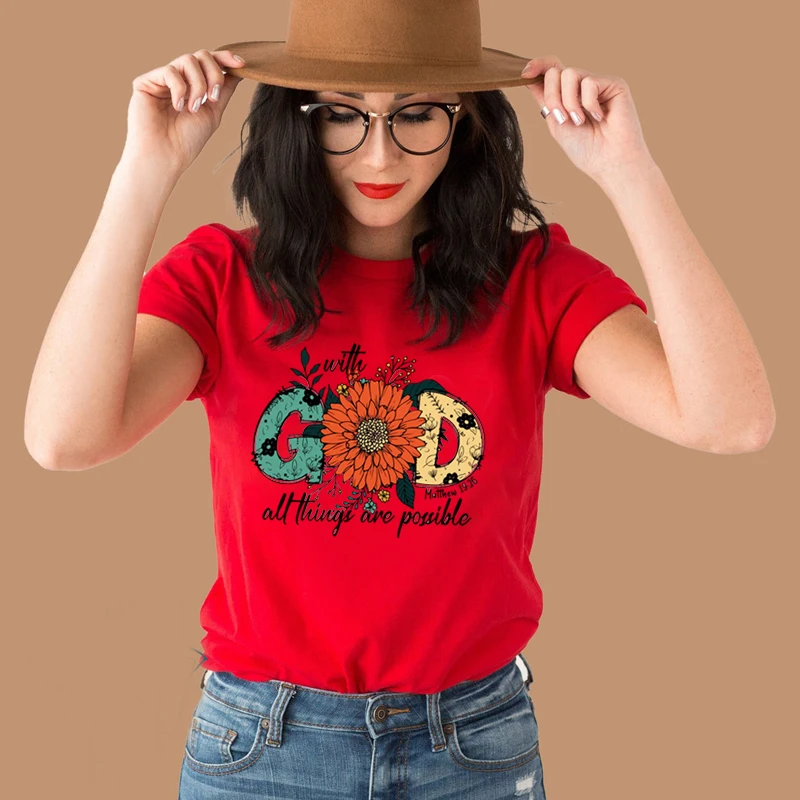 

Retro All Things Are Possible Floral God Letters Printing Women Religious T Shirts Vintage Christian Kawaii Tshirt Dropshipping