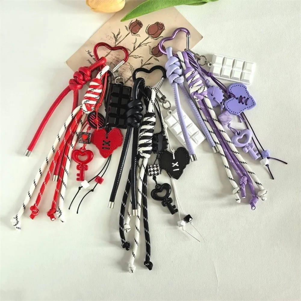 Acrylic Heart Keychain Hand-Woven Heart-shaped Braided Rope Key Chain Anti-Lost Macaron Color Bag Pendant Bag Accessories