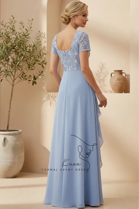 KUXA Customized Short-Sleeves Square-Neck Chiffon A-Line Mother-of-the-Bride Lace Floor-Length Cocktail Party Dress 2027