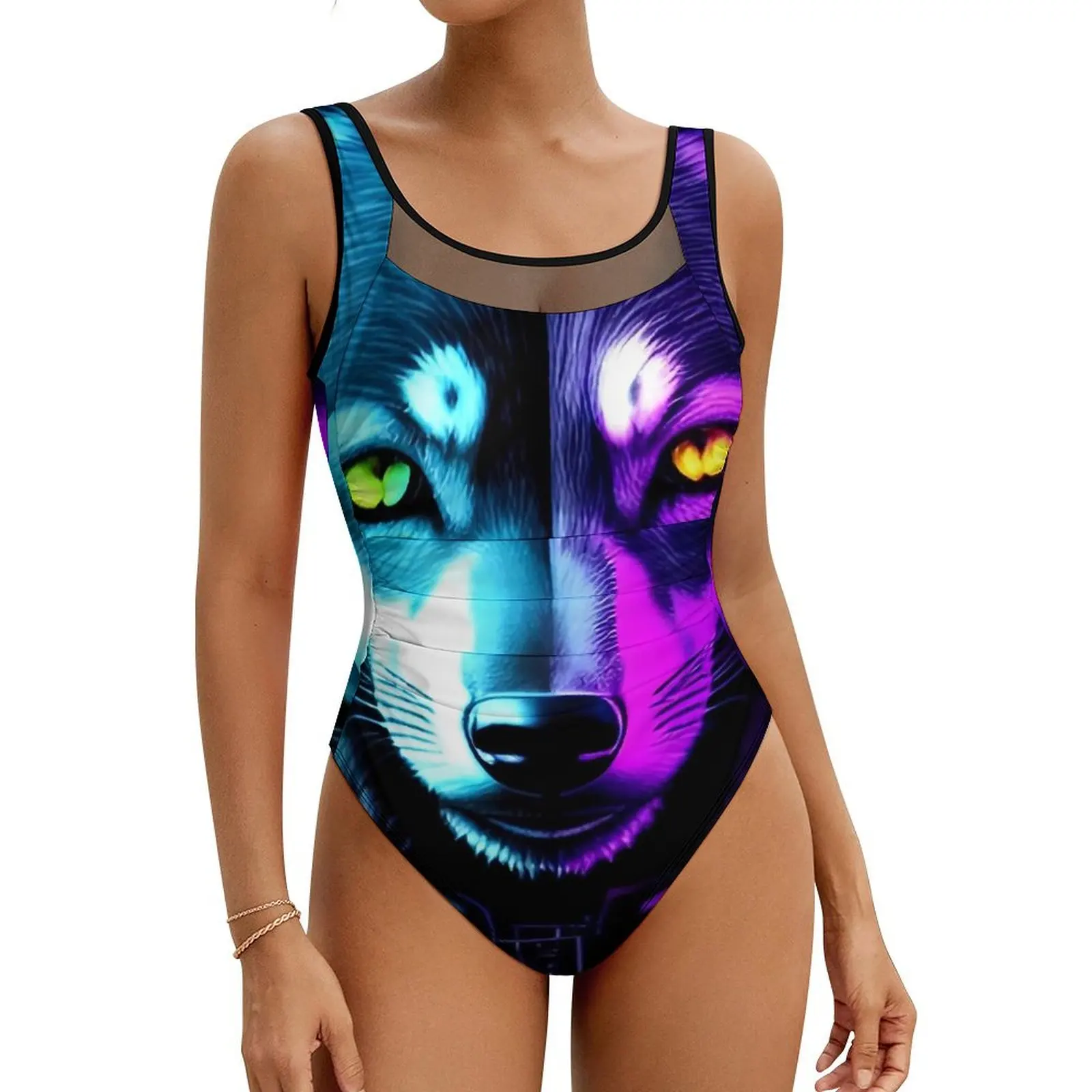 

Cyber Wolf Neon Swimsuit Sexy Funny Animal One Piece Swimwear Push Up Bodysuit Novelty Sport Bathing Suit