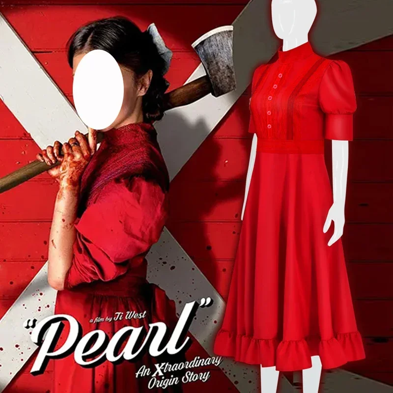 

2024NEW Horror Movie Pearl Cosplay Dress For Woman Red Vintage Lace Dress Medieval Halloween Costumes Role Play Party