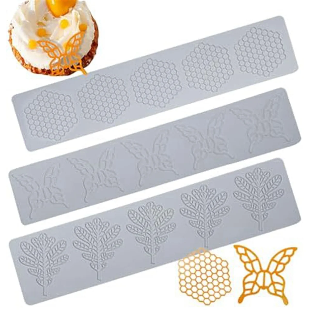 Tile Cake Fondant Mold 3 Pieces Honeycomb Mold Leaf and Butterfly Reusable Embossing Mat Lace Silicone Mold