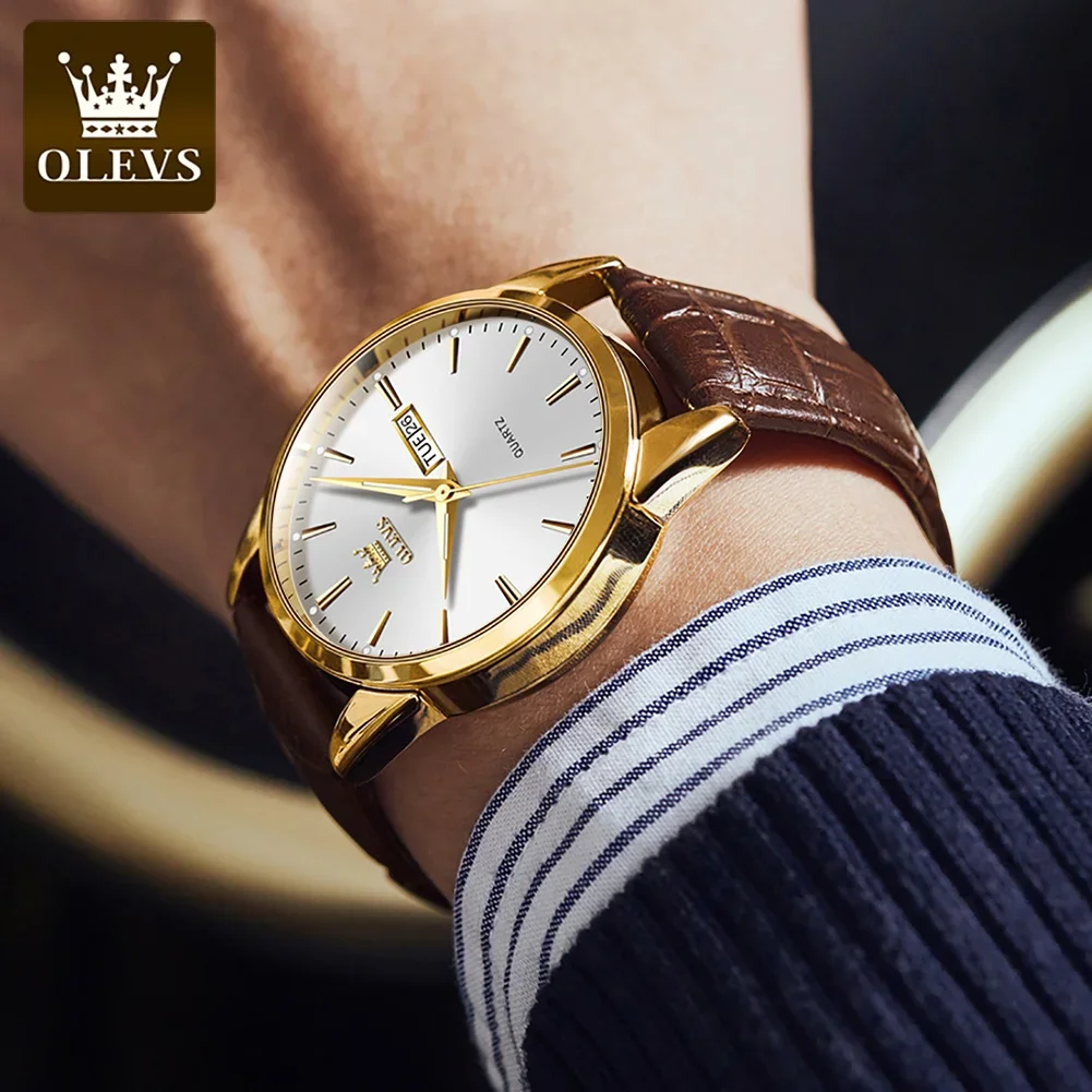 OLEVS 6898 Business Genuine Leather Strap Men Wristwatch Waterproof Quartz Dual Calendar Great Quality Watches for Men Calendar