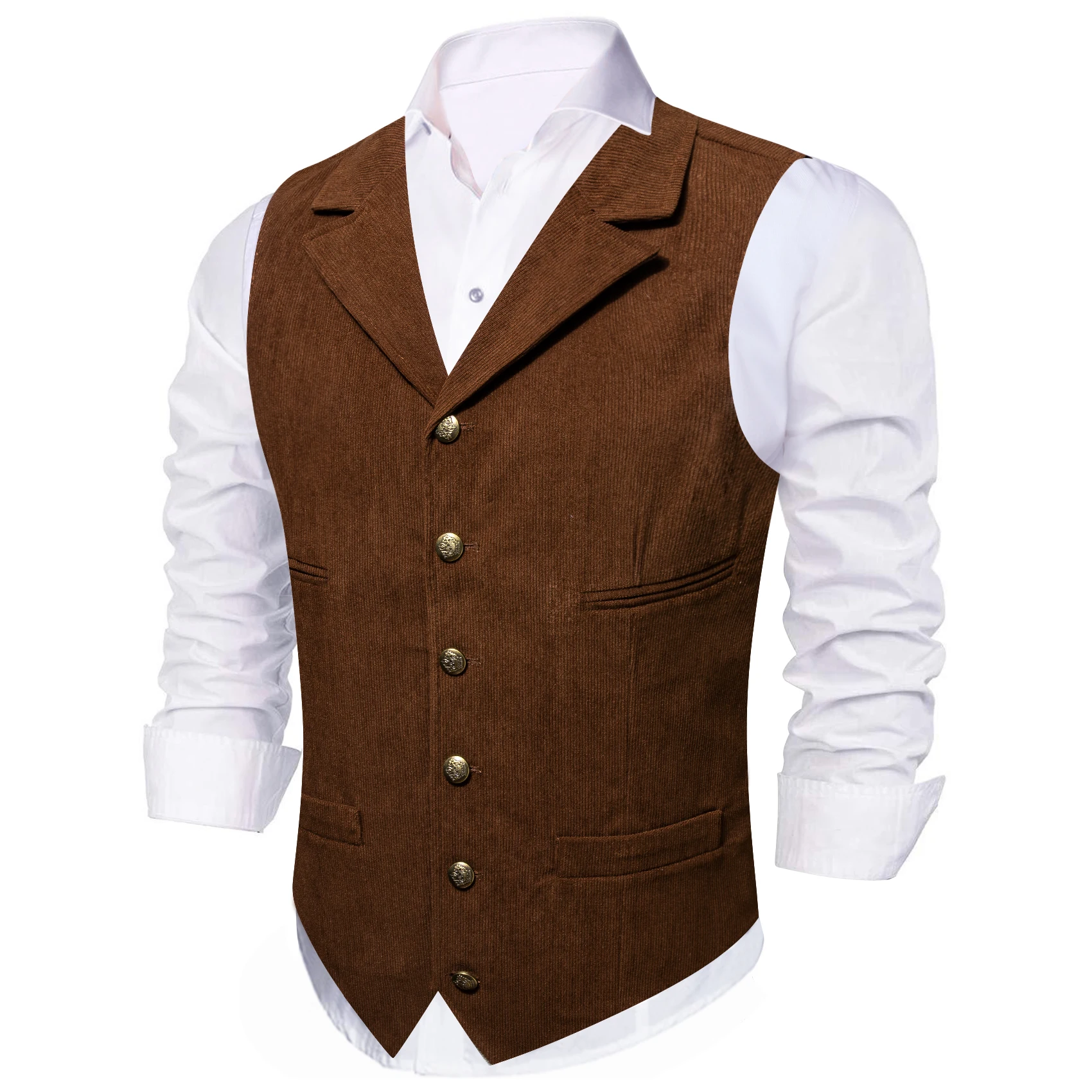 Classic Men's Brown Corduroy Vest Lapel Collar Vintage Western Cowboy Waistcoat Sleeveless Jacket