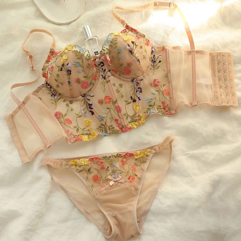 

New Lace Camisole Ultra Thin Underwear Sexy Lace Embroidery Push Up Bra Set Women Romantic Flowers Body Shaper Tops and Panties