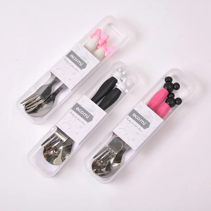 Schattige kinderen lepel vork set Mickey babyvoeding lepel roestvrij staal kinderen eten gebruiksvoorwerpen peuter baby bestek accessoires