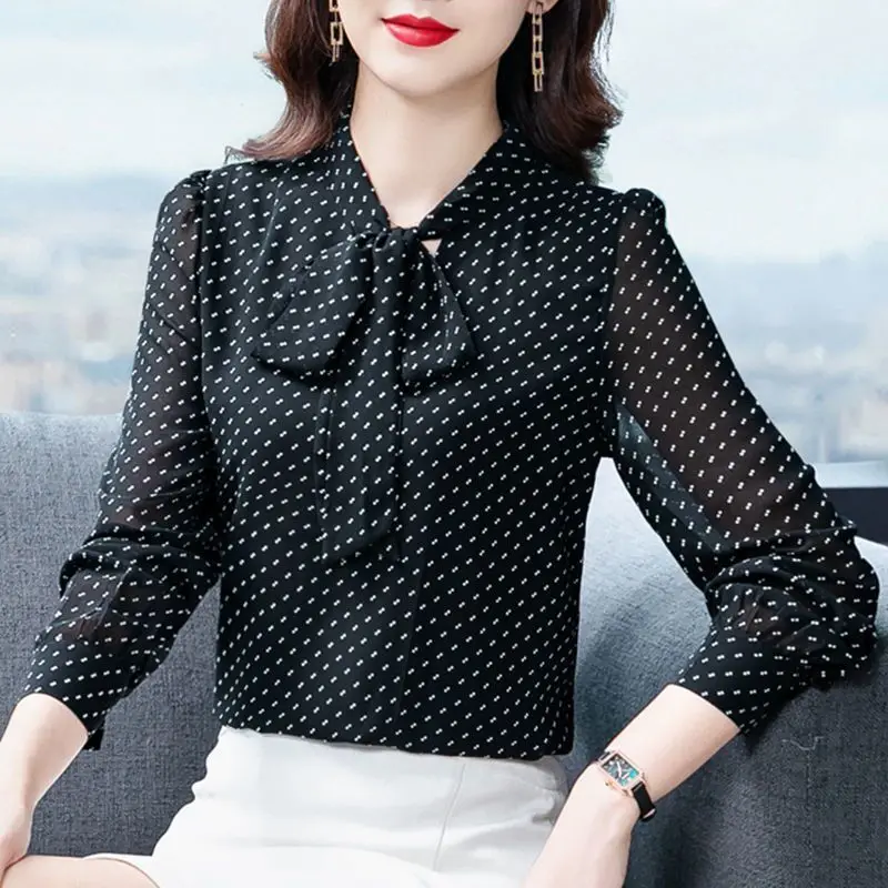 Polka Dot Black Chiffon Shirt Female 2023 Spring Autumn Office Lady Scarf Collar Bow Bandage Long Sleeve Pullover Blouse