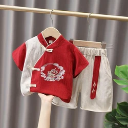 Boys Summer Set New Children's Chinese Style Tang Set Baby Ancient Short sleeved Top and Shorts 2-piece Set