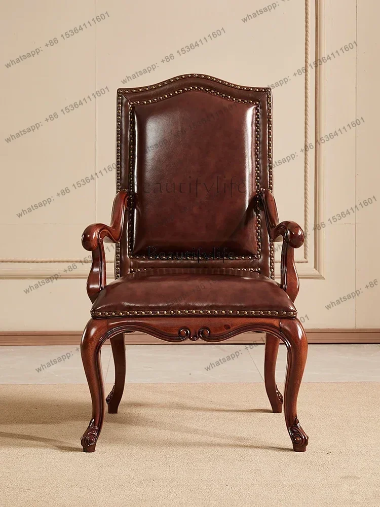 

Solid Wood Black Walnut Wooden Armchair Mid-Ancient Genuine Leather Desk Chair