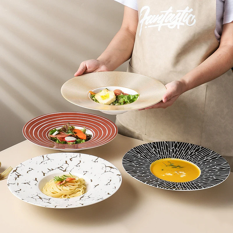 Gradually Spray Design Food Plate, Straw Hat Tray, Pasta Plate, Deep Soup Bowl, Ceramic Dinnerware Set