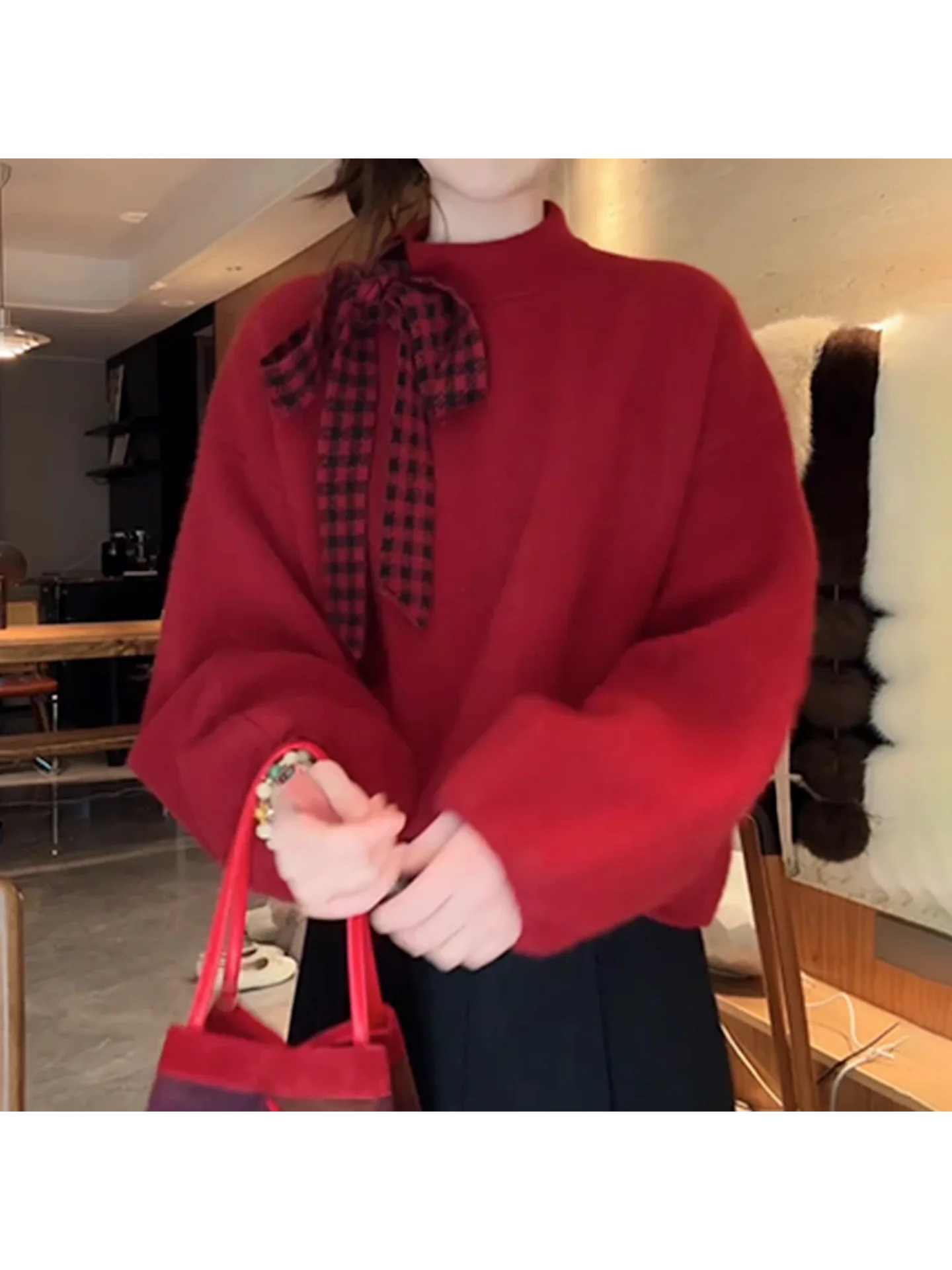 

Ретро-свитер вязаный с бантом, круглый вырез, весенний, новый, женский, модный, теплый, мягкий, средней толщины, с длинными рукавами