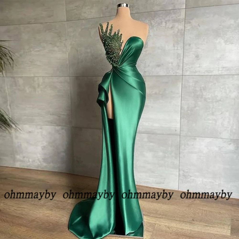 

Deep Green Evening Dresses Asymmetrical Pleat Satin Beading Sequined Floor Length Prom Gowns Customized Robes De Soirée New