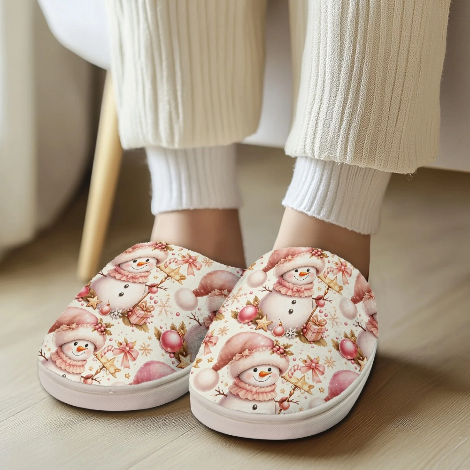 PENSTROLL Pink Christmas Snowman Closed Toe Cozy Shoes For Teachers At Home New Mom Cozy Slides Cotton Slippers Size 35-47