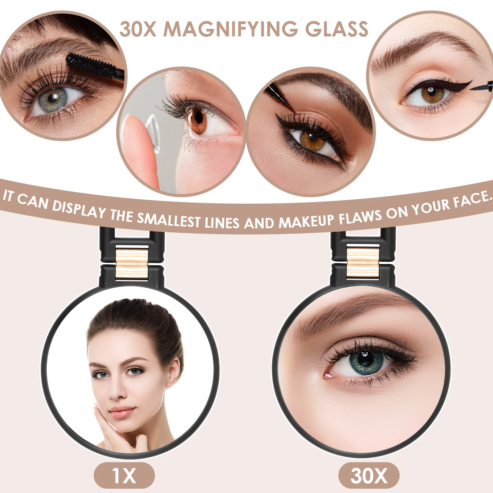 Hand-Make-up-Spiegel, 30-fache Vergrößerung, Mini-doppelseitiger Kosmetikspiegel mit Rack, zusammenklappbarer Make-up-Spiegel für Reisen, Kosmetikspiegel