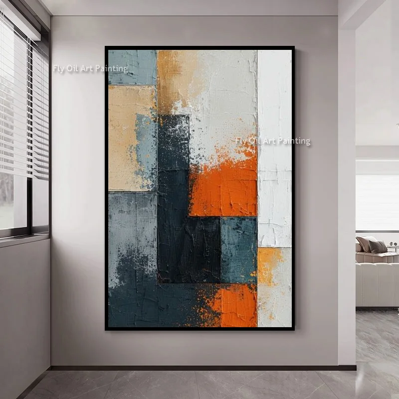 Vintage Color Block Abstract Canvas Hand Painted Impasto Oil Painting Retro Geometric Entryway Wall Art Decor