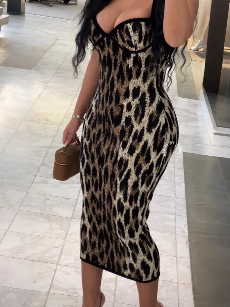 Whatiwear Patchwork Maxi Dress Donna Stampa leopardata Collo basso Cross Halter Sexy Midnight Hottie Classic Street Prom Party Abiti