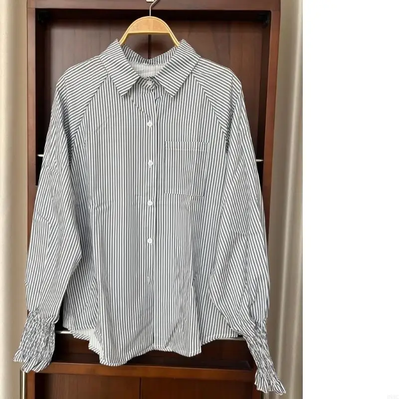 39BC قميص نسائي مخطط بأصفاد مكشكشة وياقة كاجوال وأكمام طويلة وأزرار كبيرة الحجم