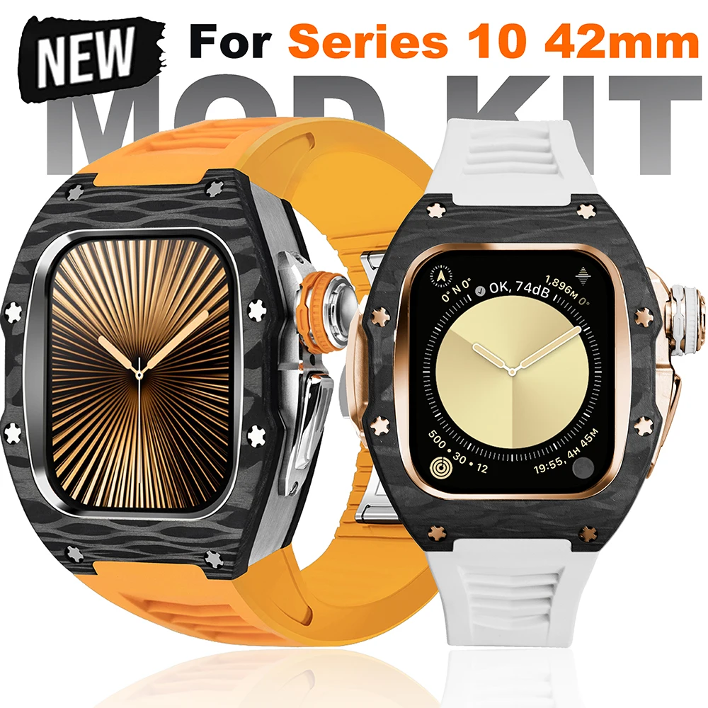 

Чехол из углеродного волокна для Apple Watch Series 10, 11, 42 мм, защитный чехол, роскошный комплект модификации, модный ремешок из фторкаучука iWatch