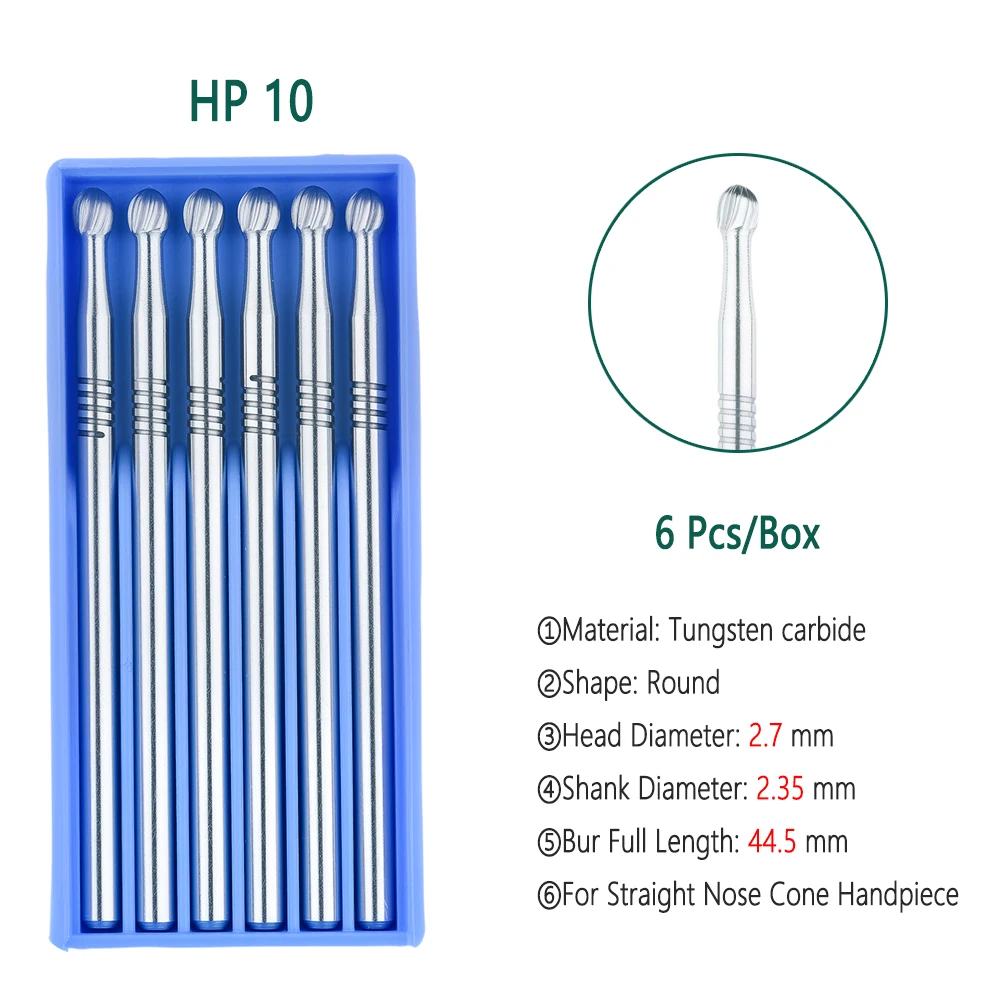 Dental Tungsten Carbide Burs HP Round Head Burs Spherical for Straight Nose Cone Handpiece or Micro Motor Handpiece 6Pcs/Box