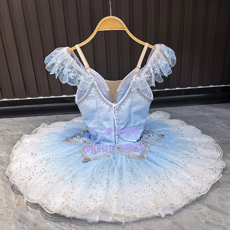 Women light blue jacquard V-neck spaghetti strap professional ballet tutu dress lace flutter sleeve silver scroll iridescent rhi