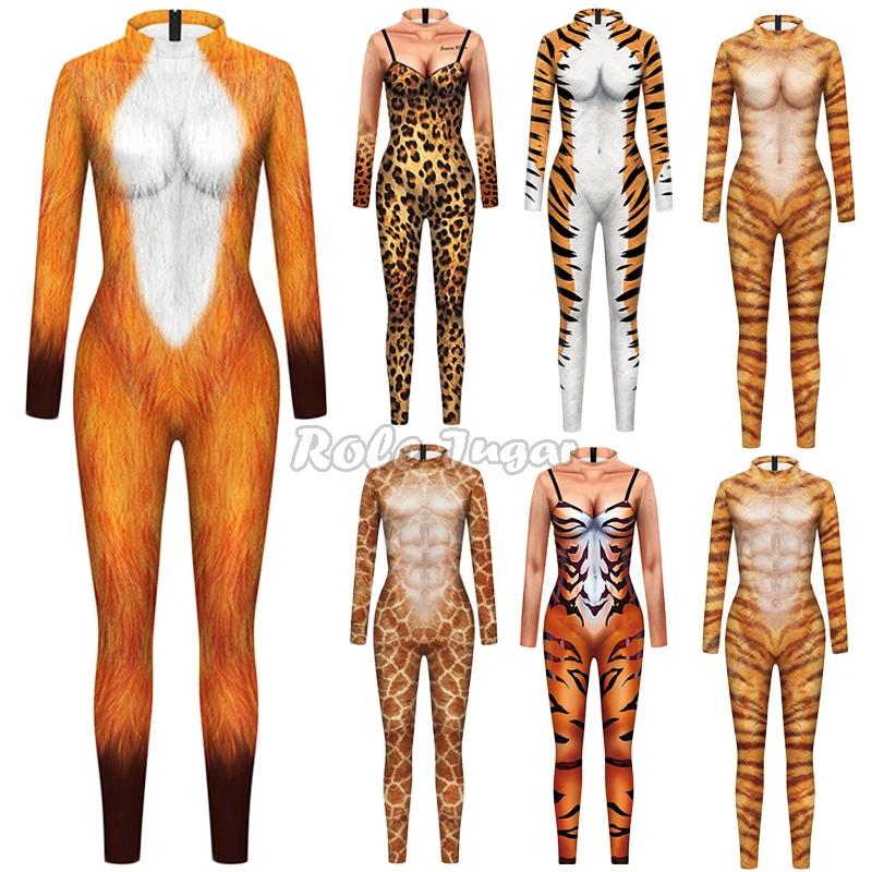 Uomo donna body Animal Tiger Leopard Print costumi Cosplay Halloween Party tute a maniche lunghe abiti fantasia