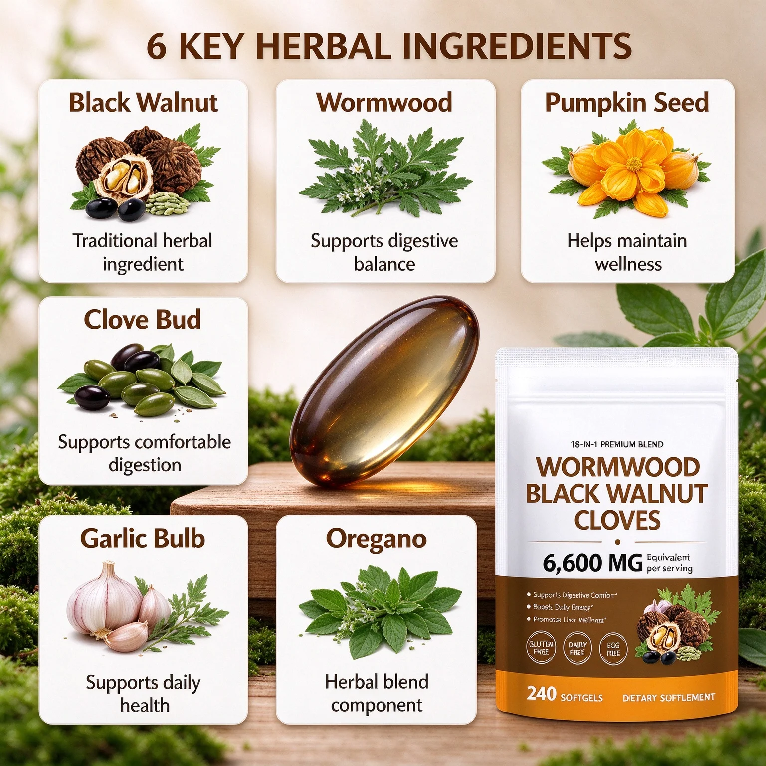 Wormwood Black Walnut Cloves Softgels 18in1 Herbal Blend Formula for Digestive Comfort Liver Wellness Daily Supplement 240 Count