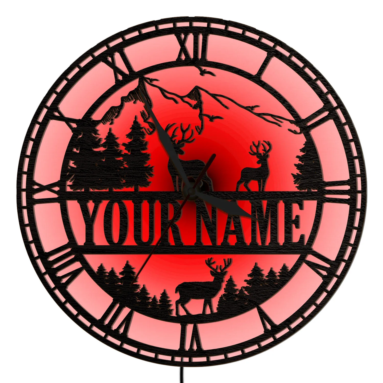 Custom Name Mountain Forest Deer Wooden Wall Clock with RGB LED Backlit Luminous Night Light Clock For Cabin Lodge Home Decor