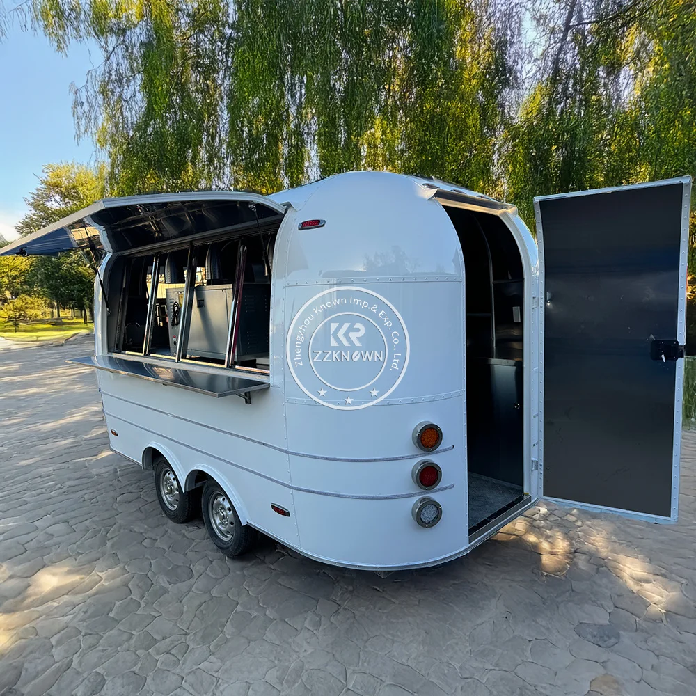 Street Airstream รถบรรทุกอาหารห้องครัวมือถือรถเข็นสุนัขร้อน Catering Trailer สัมปทานอาหาร Trailer อุปกรณ์ครบครัน Coffee Kiosk
