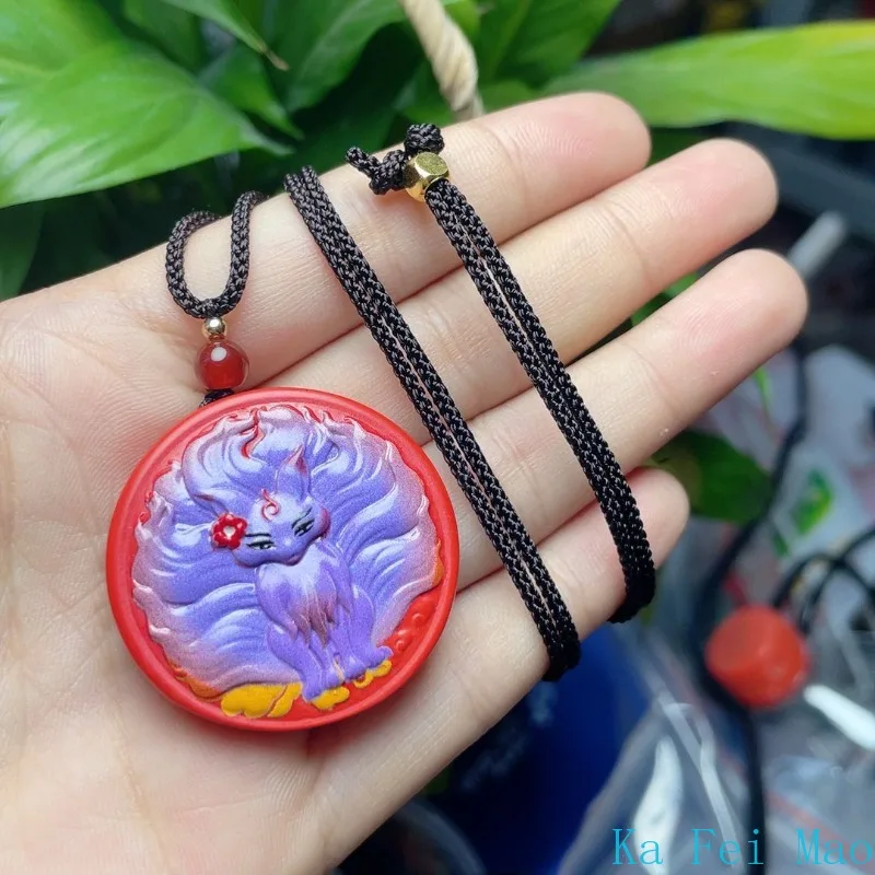 Natural Cinnabar Painted Nine-tailed Fox Pendant Red Sand Lotus Flower Pendant Attract Peach Blossom Men and Women Necklaces