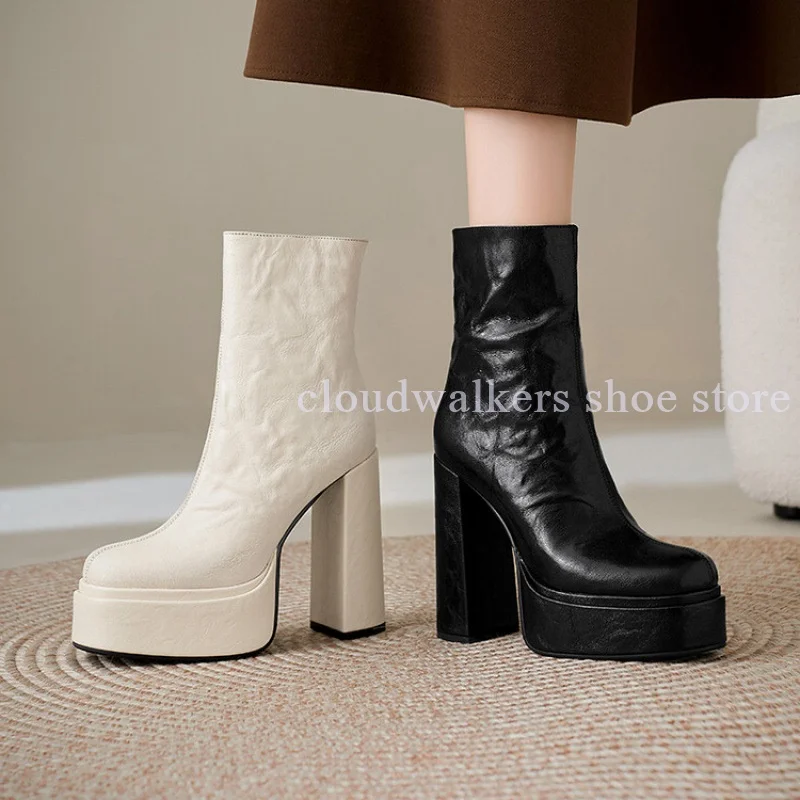 

Concise Black White Leather Round Toe Platform Women's Fashion Ankle Boots Elastic Side Zipper Chunky High Heel Short Boots