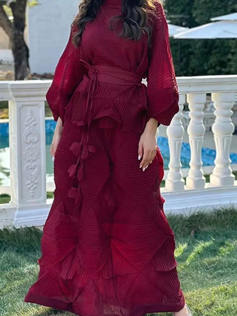 2 Pieces Sets For Women Handmade Pleated Bandage Shirt Top+long Length Fold Skirt Female Luxury Clothing 2KU2V view 2