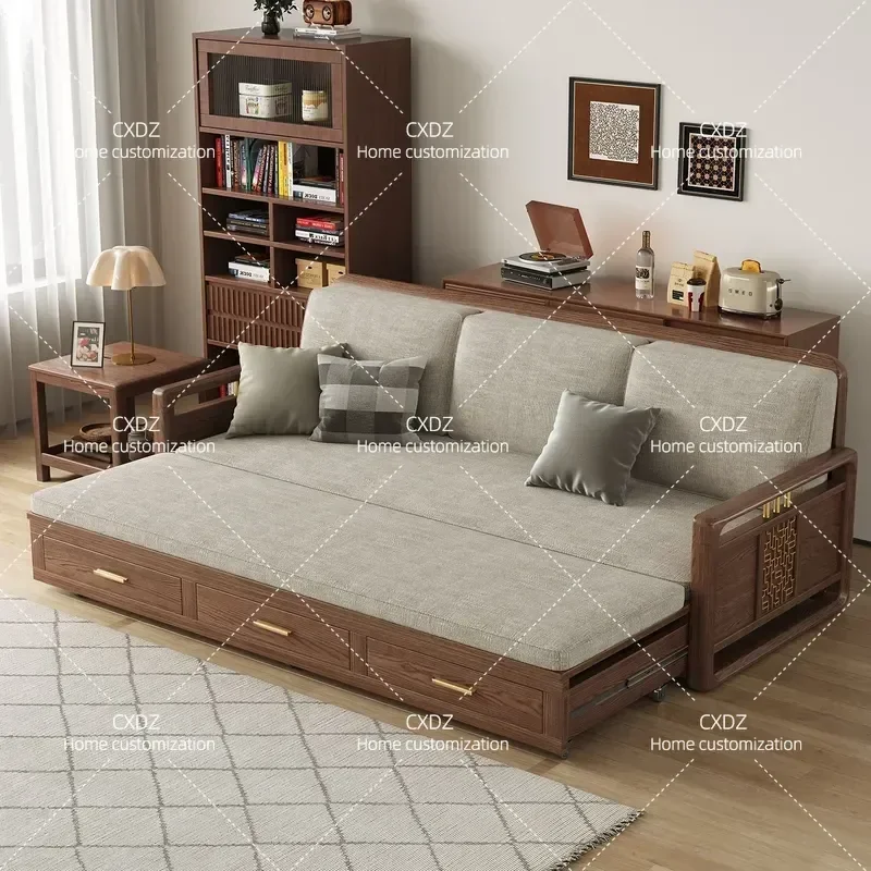 Ash Wood Solid Wood Sofa Bed Nordic Style Small Apartment Living Room Telescopic Pull Out Bed Multi Functional Drawer Storage
