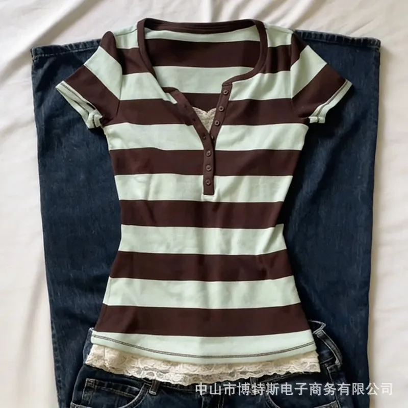 Women's T-Shirts And Polos Casual V Neck Short Sleeve Striped Color Block Lace Trim Fitted Regular Length Women T-Shirt Brown
