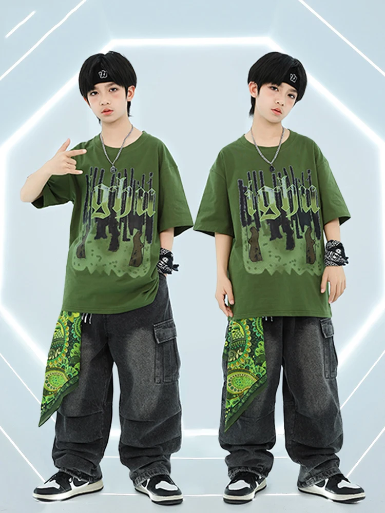 New Kids Groen Pak Hip Hop Dance Streetwear Korte Mouw Tops Jeans Jazzdans Street Dance Prestaties Kostuums Dragen DN20200
