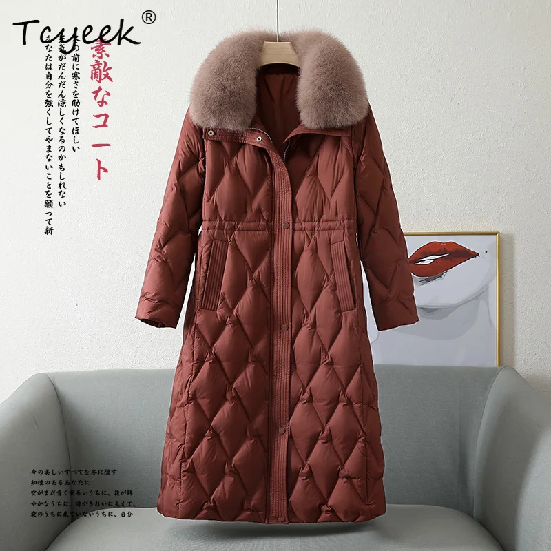 Tcyeek 秋冬韓国語バージョン取り外し可能なキツネの毛皮の襟スクエアカラーロング女性のホワイトグースダウンコート Veste ファム