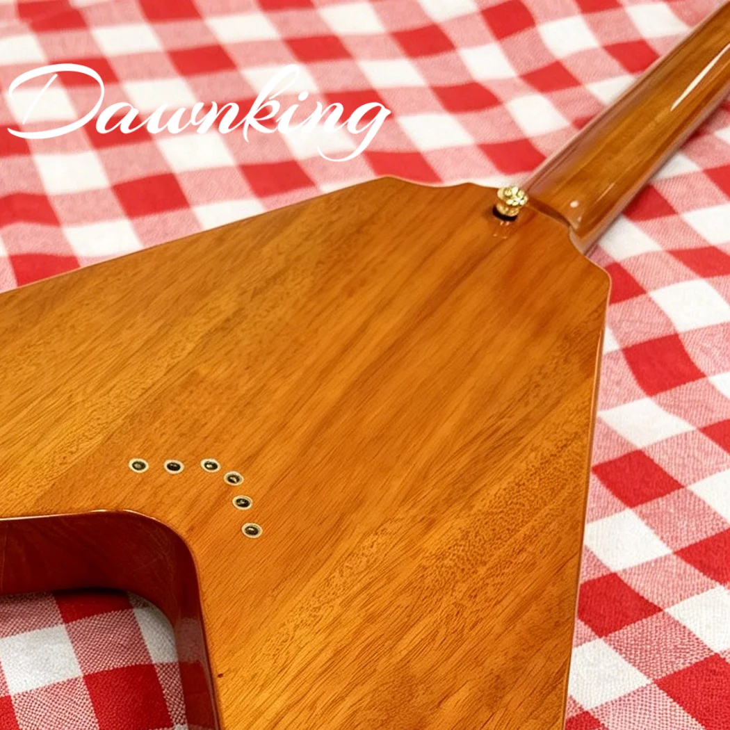In Stock Flying V Style Natural Wood Electric Guitar White Pickguard Gold Hardware HH Humbucker Pickups Free Shipping Worldwide view 2