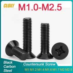 Parafuso de cabeça plana Phillips pequeno, aço preto, mini, pequeno, cruz preta, M1, M1.2, M1.4, M1.6, M1.7, M2, M2.5, 50 pcs, 100pcs