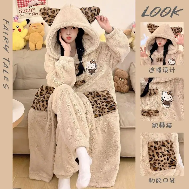 

Комплект домашней одежды Sanrio Hello Kitty: длинный халат из кораллового флиса и фланели для женщин, для дома и улицы, зимний, новый, с сексуальным леопардовым принтом, пижама