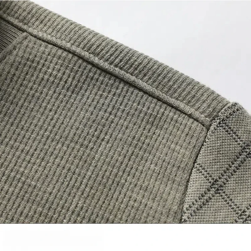 Autumn Winter Turn-down Collar Flocking Checkered Button Striped Men\'s Clothing Pullover Casual Formal T-shirt Fashion Tops
