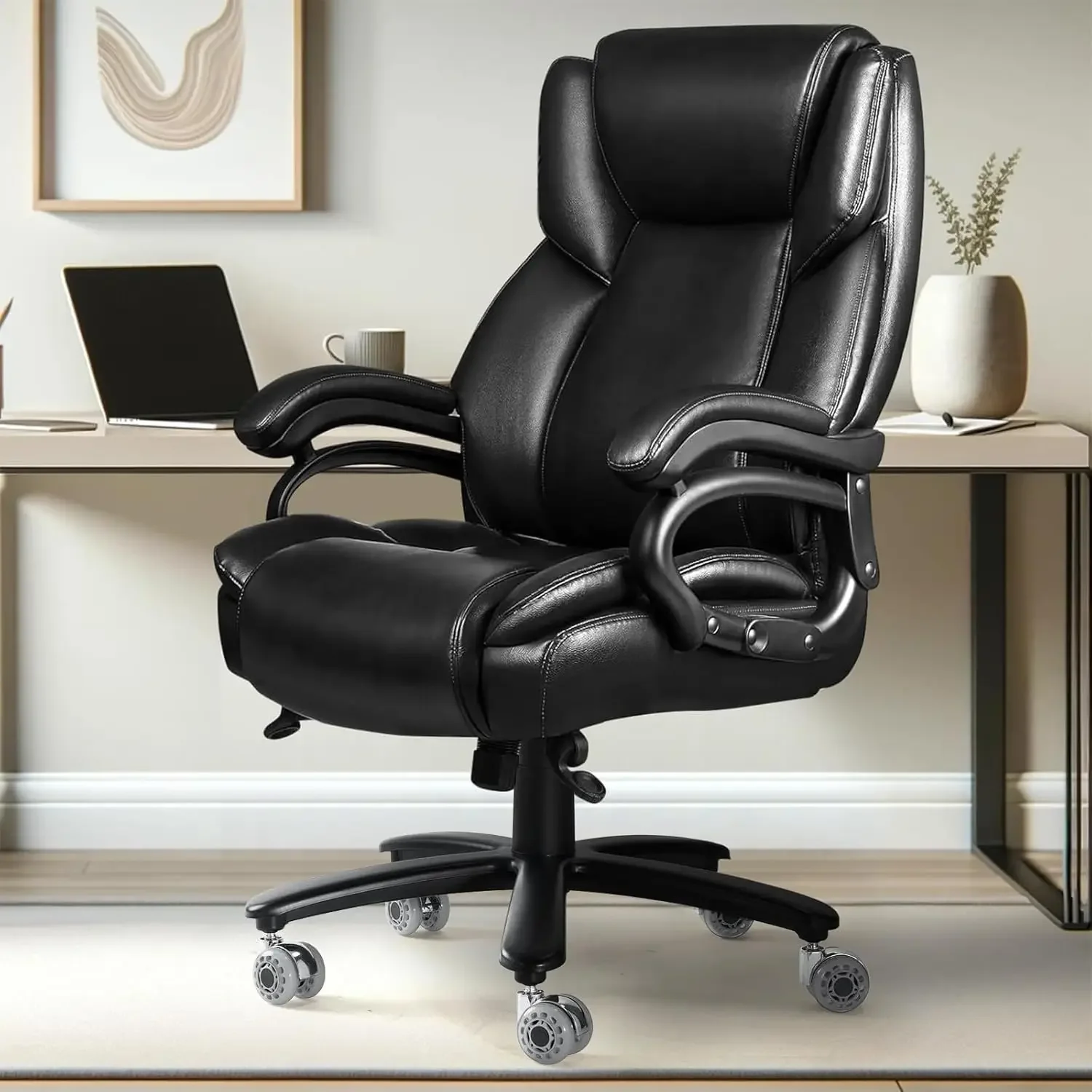 500lbs Heavy Duty Office Chair with Dual Rubber Wheels,Big and Tall Office Chair, Extra Wide Executive Chair (Dual Wheels Black)