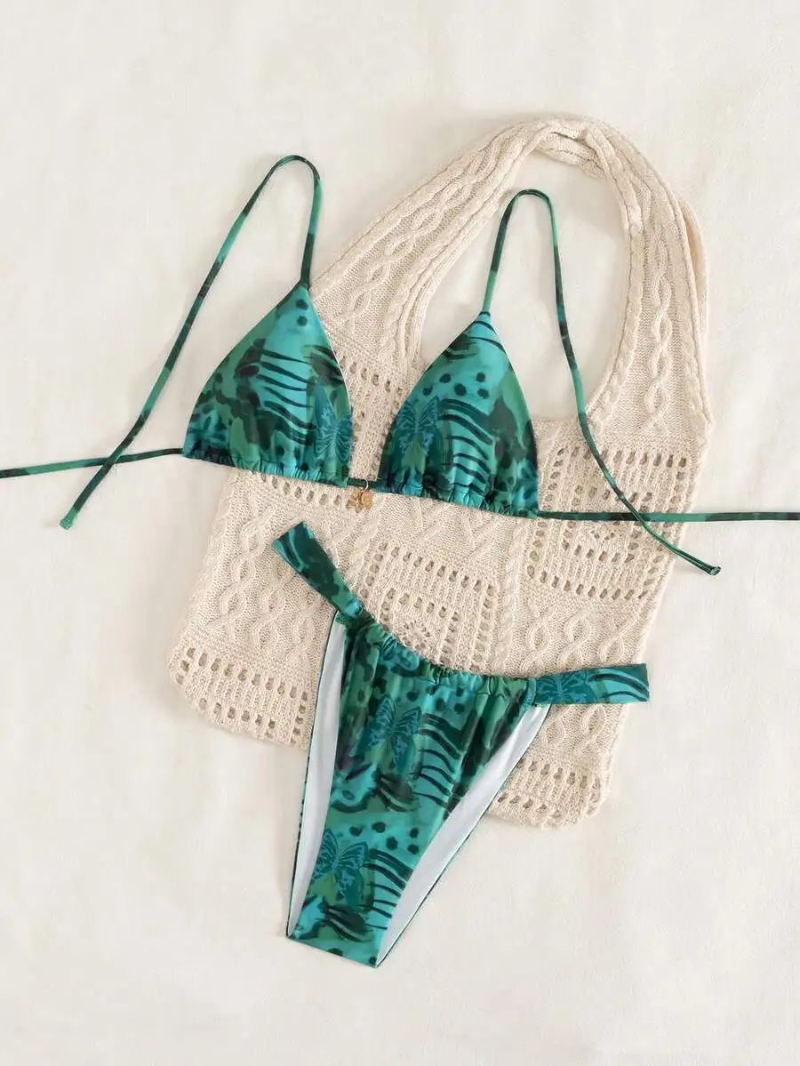 

Womens Tropical Print Triangle Bikini Set With Crochet Bag
