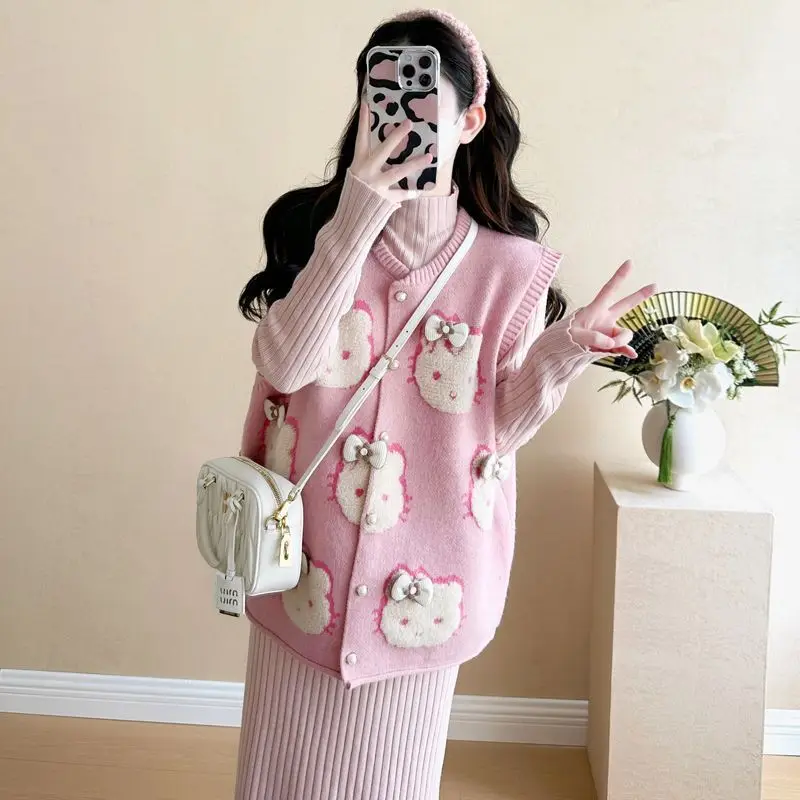 

Miniso Sleeveless Hellokitty Pink Knitted Vests 3D Kitty Cat Cute Oversized Cardigans Single-breasted Casual Vest Women Clothing