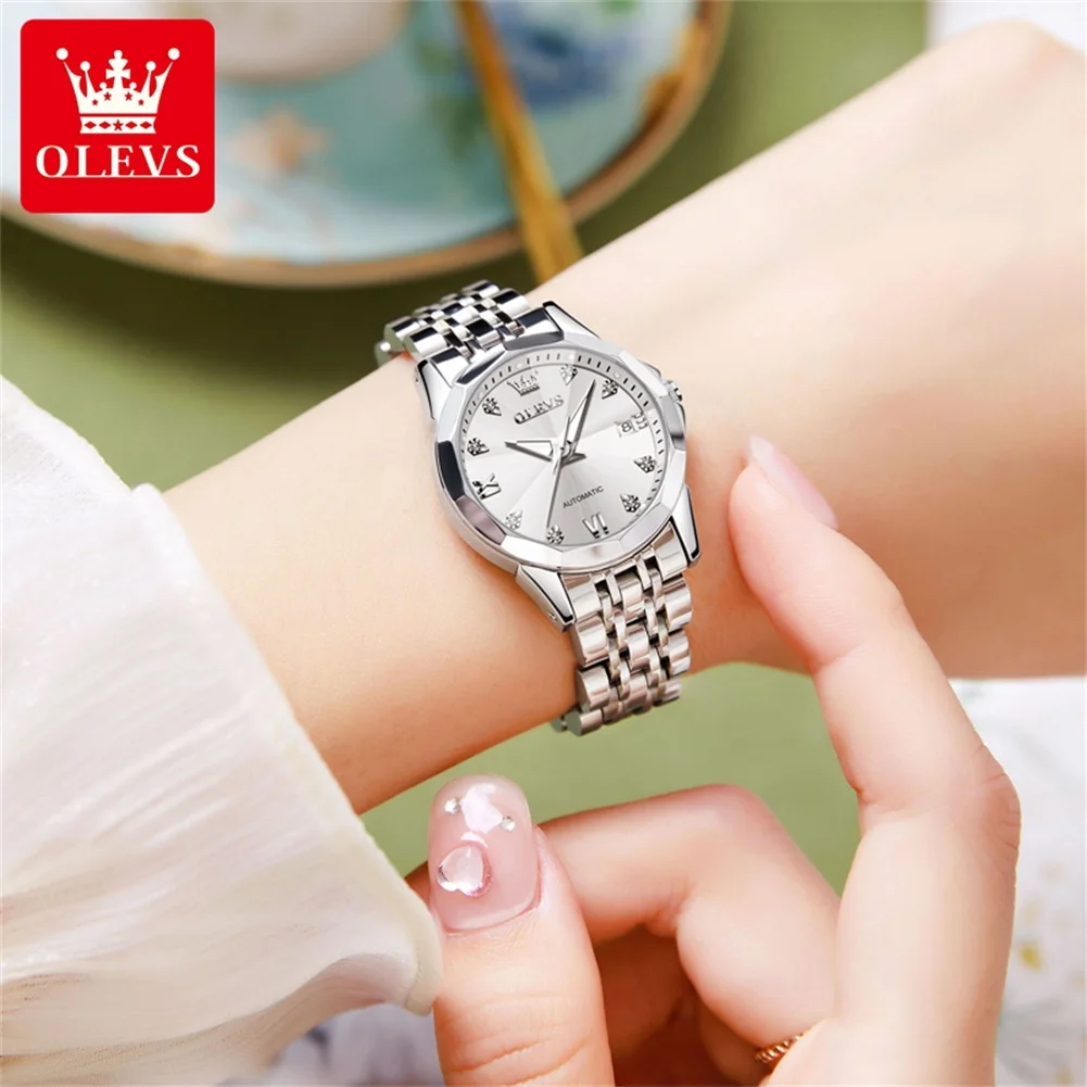 OLEVS 9982 Auto Date Mechanical Watch For Women Rhombus Mirror Luxury Elegant Ladies Wristwatch Roman Scale Waterproof Watches