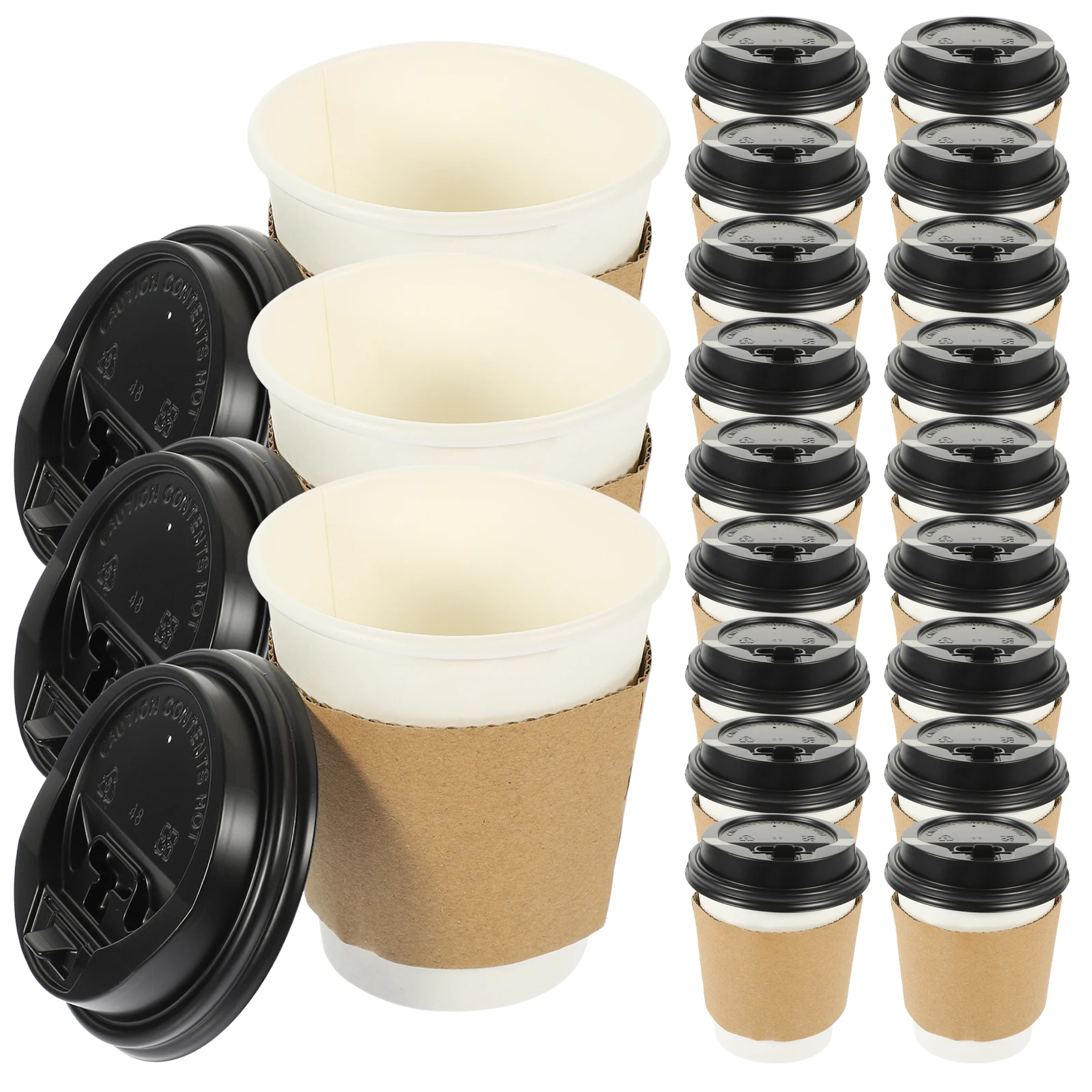 

50 Sets Disposable Coffee Cups Hot Beverage Paper Cups with Lid Sleeve Thick Plastic Juices Milk Tea Party Supplies