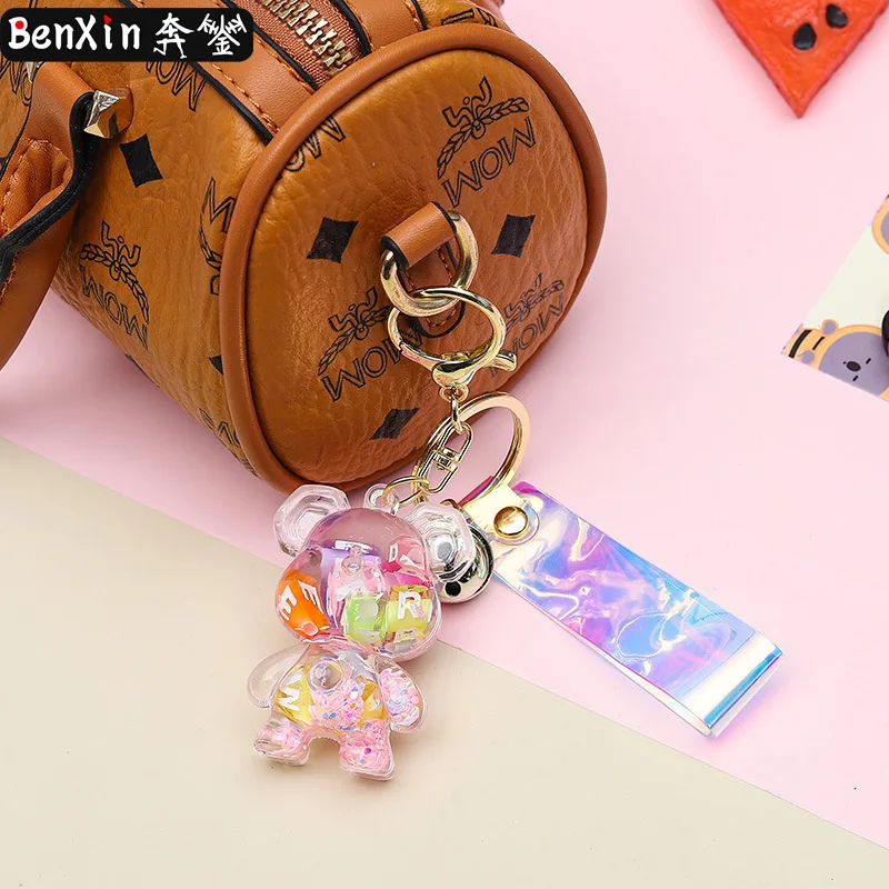Minso Oil Dragon Bear Floating Object Sand bottle Key Chain Pendant Cute couple Backpack Gift Key chain