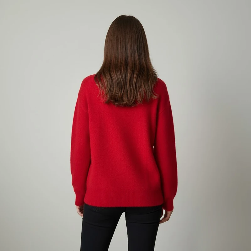 2025 الخريف/الشتاء جديد الأحمر القوس سترة جاكار المرأة الجولة الرقبة فضفاضة مترهل لينة متماسكة #2