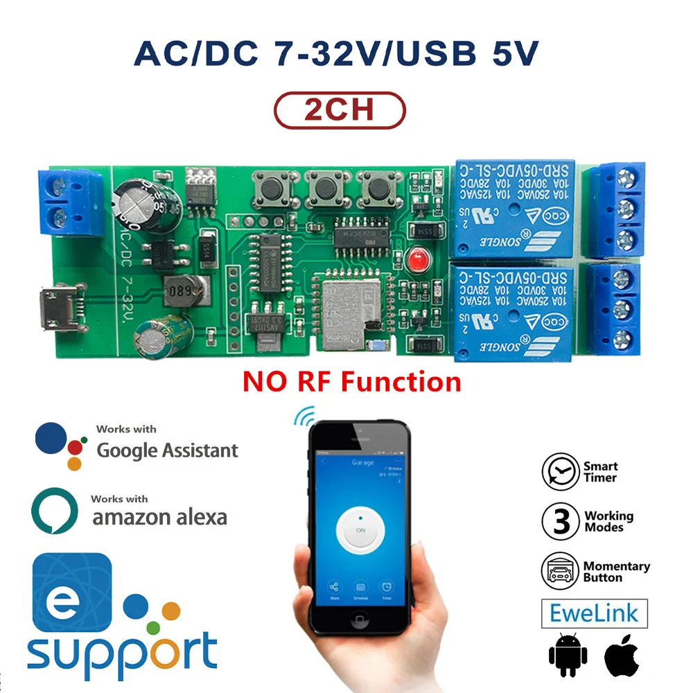 

For eWeLink Wifi 2CH Switch Module Motor Controller for Rolling Sliding Door 7-32V 2 Channel Relay Bluetooth-compatible