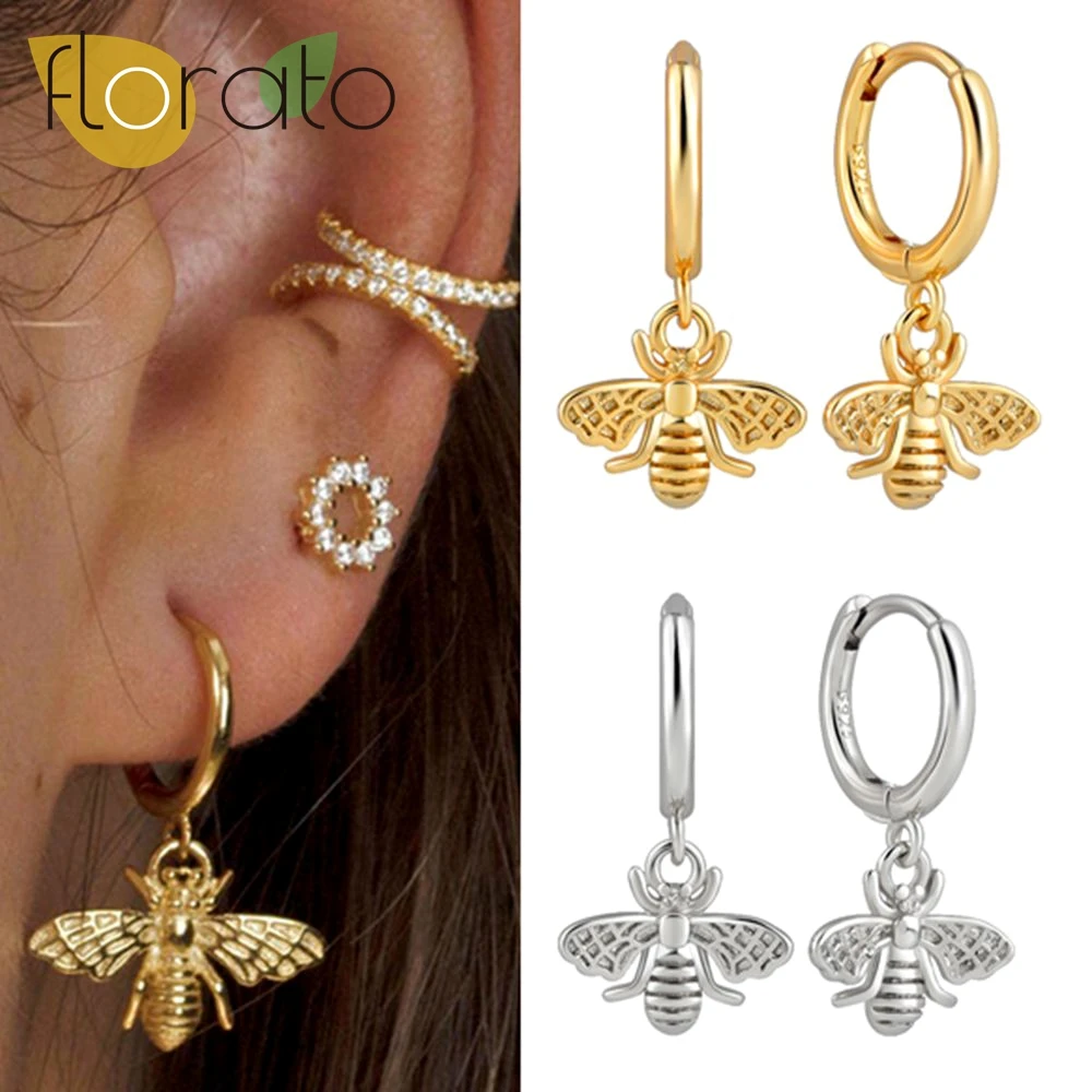 

925 Sterling Silver Needle Vintage 18K Gold Earrings Cute Animal Little Bee Hoop Earrings for Women Party Fashion Jewelry Gift
